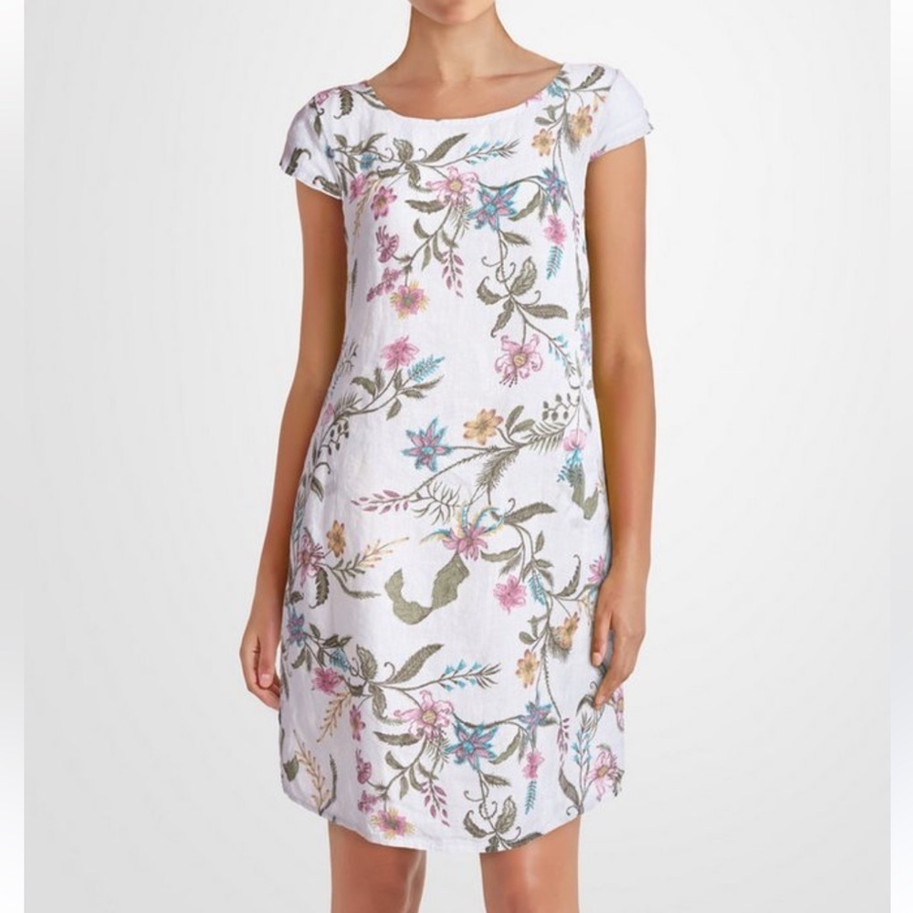 Colette Linen Cap Sleeve Floral Print Miini Dress Pockets Ribbed Side Panel L